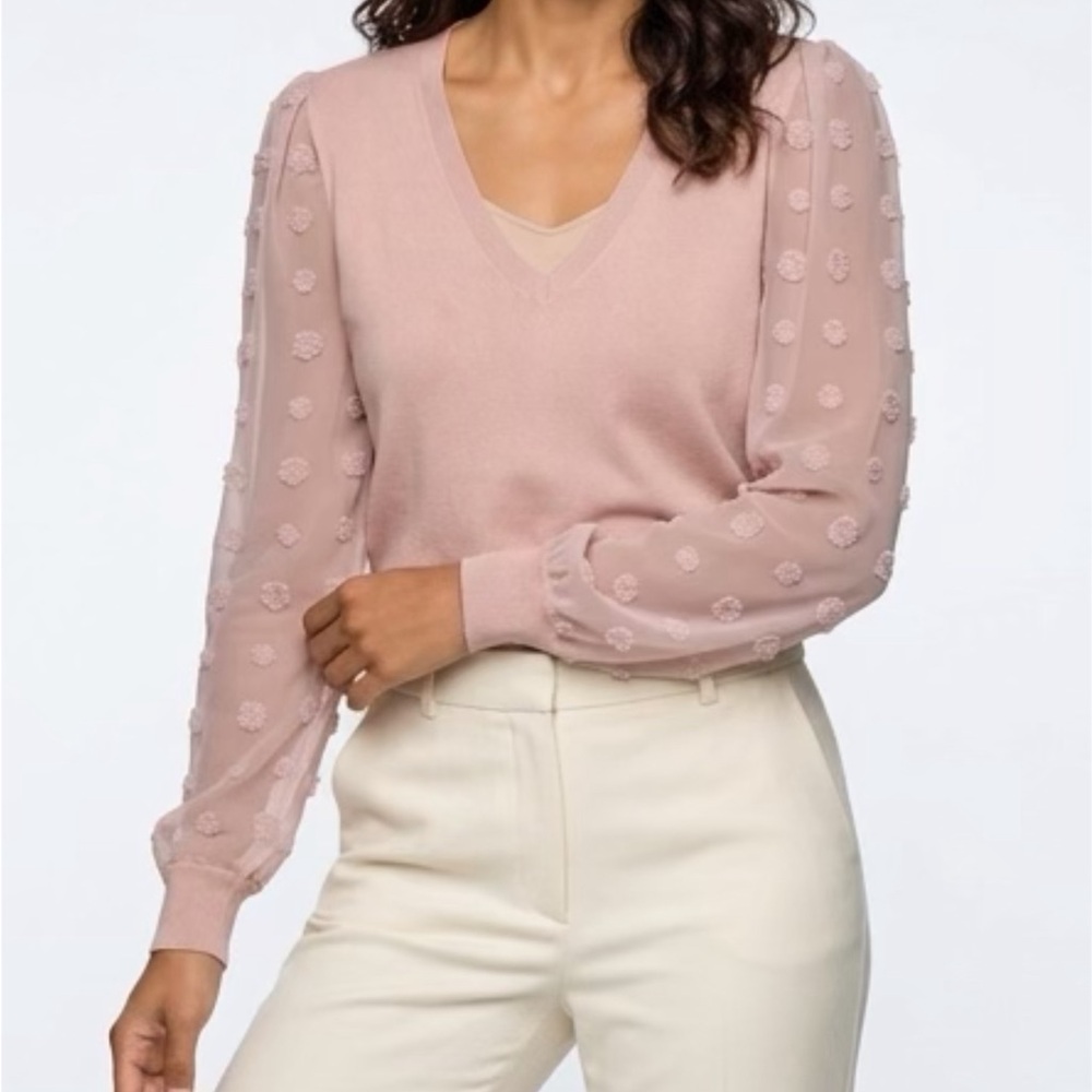 Elegant Pink V-Neck Sweater with Sheer Sleeves